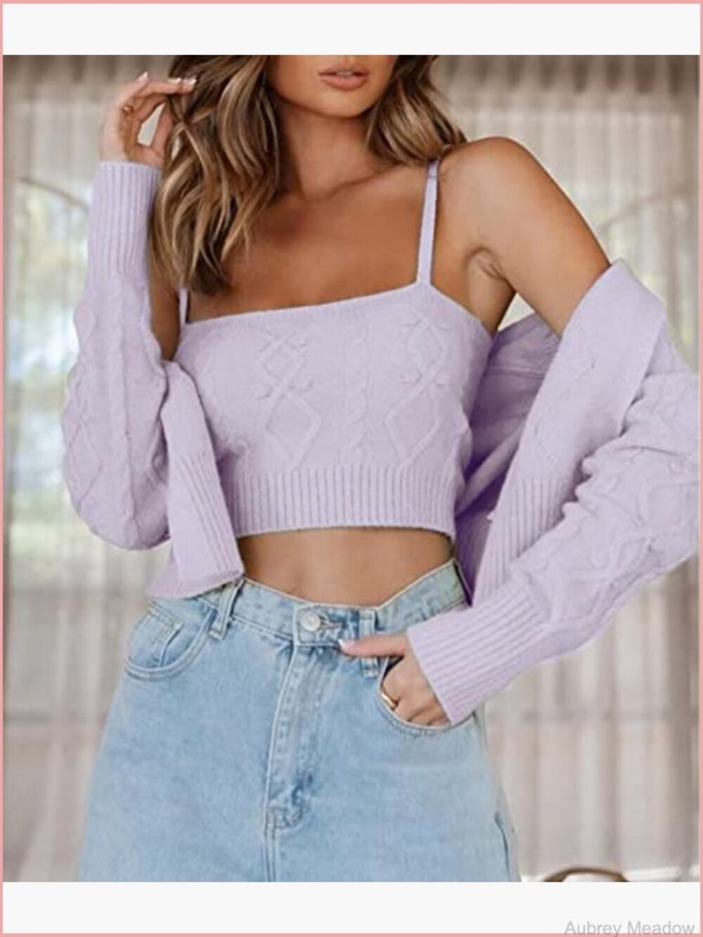 Women's 2-Piece Cropped Tank & Cardigan Sweater Set Cable Knit - Picture 2 of 6